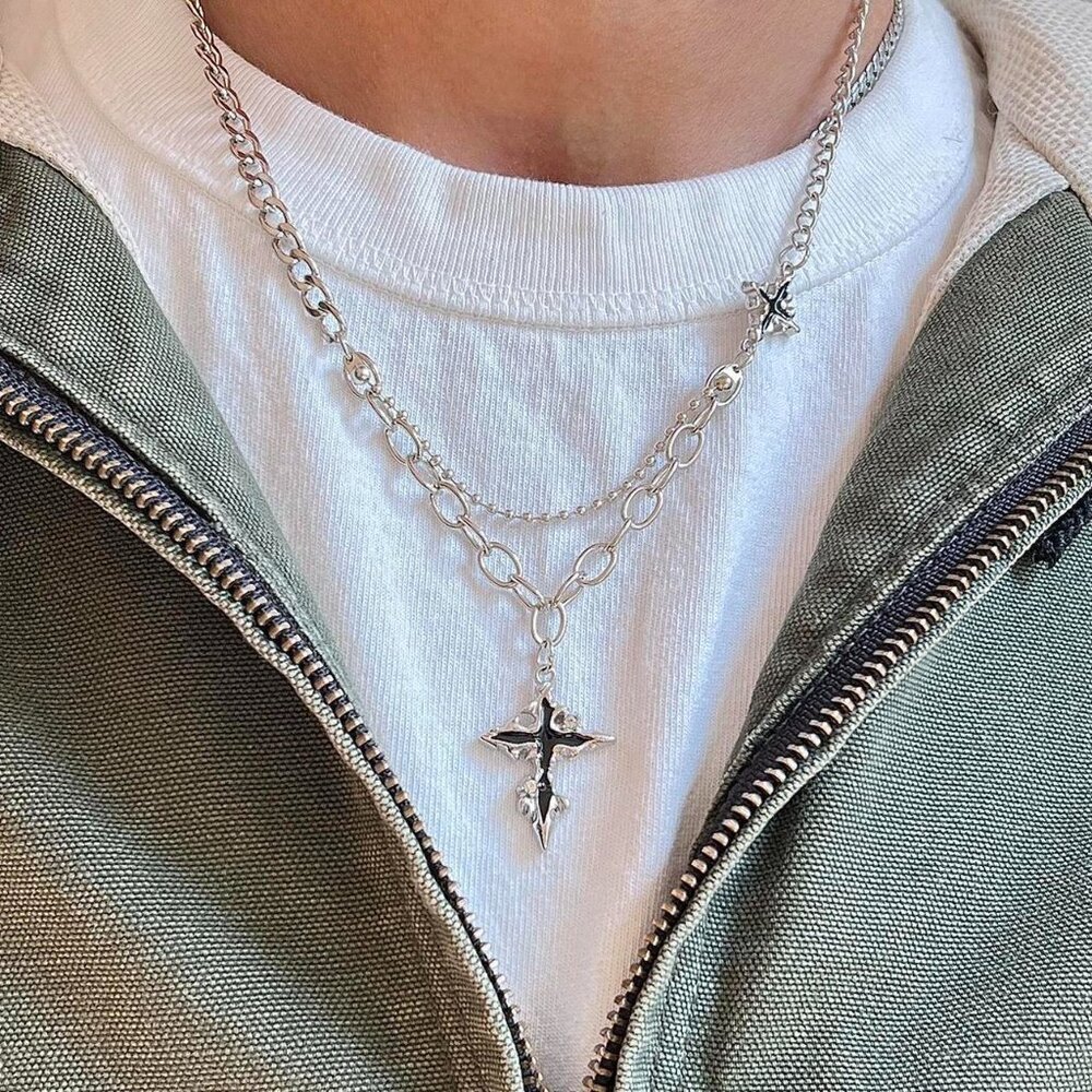 grunge black crystal cross pendant necklace